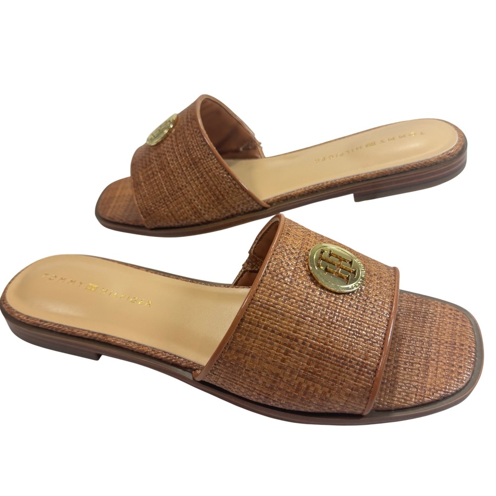 New Tommy Hilfiger Slides Sandals Women's Size 9.5M Brown Woven Logo Flat Shoes